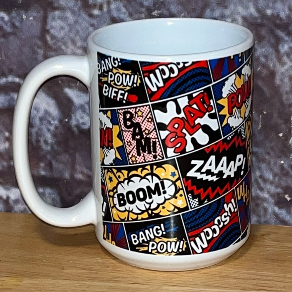 Society6 coffee mug Comic Book Quotes Boom! WHAM! Zaaap! Bam! EUC 14oz